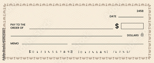 Blank bank check, checkbook cheque template or money payment paper voucher, vector mockup. Business or personal account cash pay cheque certificate or paycheck coupon from checkbook	
