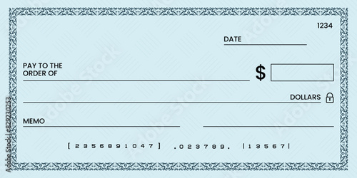 Blank bank check, checkbook cheque template or money payment paper voucher, vector mockup. Business or personal account cash pay cheque certificate or paycheck coupon from checkbook	