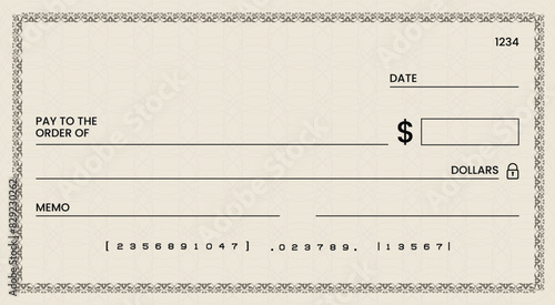 Blank bank check, checkbook cheque template or money payment paper voucher, vector mockup. Business or personal account cash pay cheque certificate or paycheck coupon from checkbook	