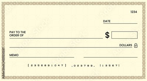 Blank bank check, checkbook cheque template or money payment paper voucher, vector mockup. Business or personal account cash pay cheque certificate or paycheck coupon from checkbook	