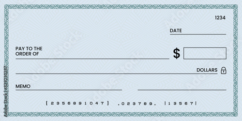Blank bank check, checkbook cheque template or money payment paper voucher, vector mockup. Business or personal account cash pay cheque certificate or paycheck coupon from checkbook 