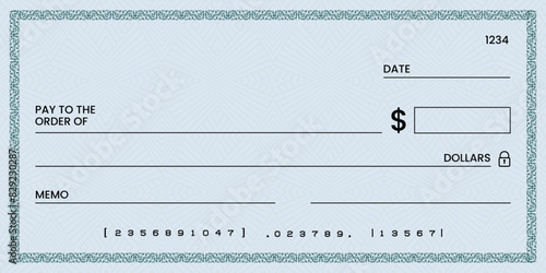 Blank bank check, checkbook cheque template or money payment paper voucher, vector mockup. Business or personal account cash pay cheque certificate or paycheck coupon from checkbook	