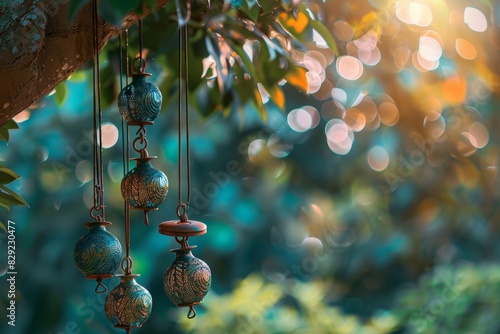 Close up shot of metal garden wind chimes on tree photo