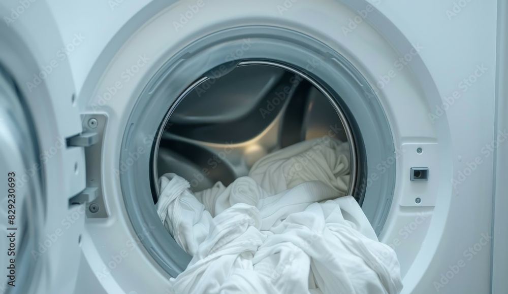 Closed washing machine filled with white clothes Closeup Displayed in front Closed washing machine filled with white clothes Closeup Displayed in front