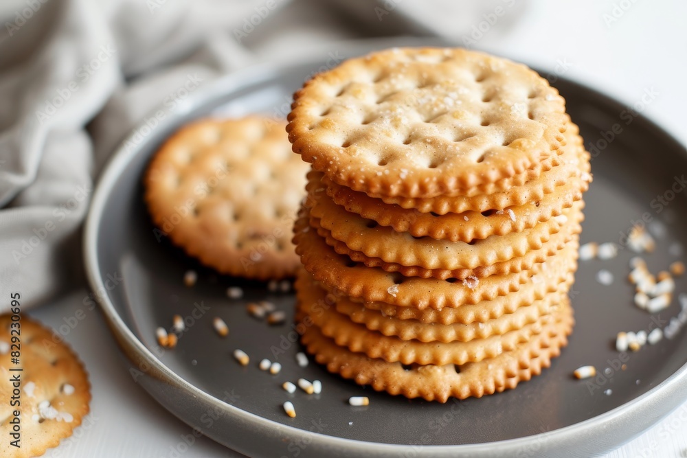 Close view of snack plate with crackers grey plate napkin on white background
