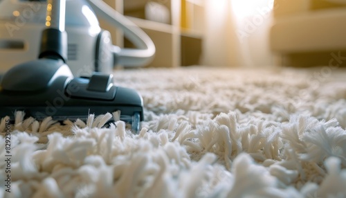Close up view of vacuum cleaner cleaning white shaggy carpet photo