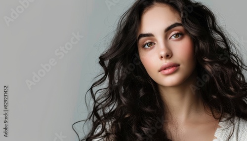 Fotografie Elegant young woman with long dark curly hair and makeup on grey background