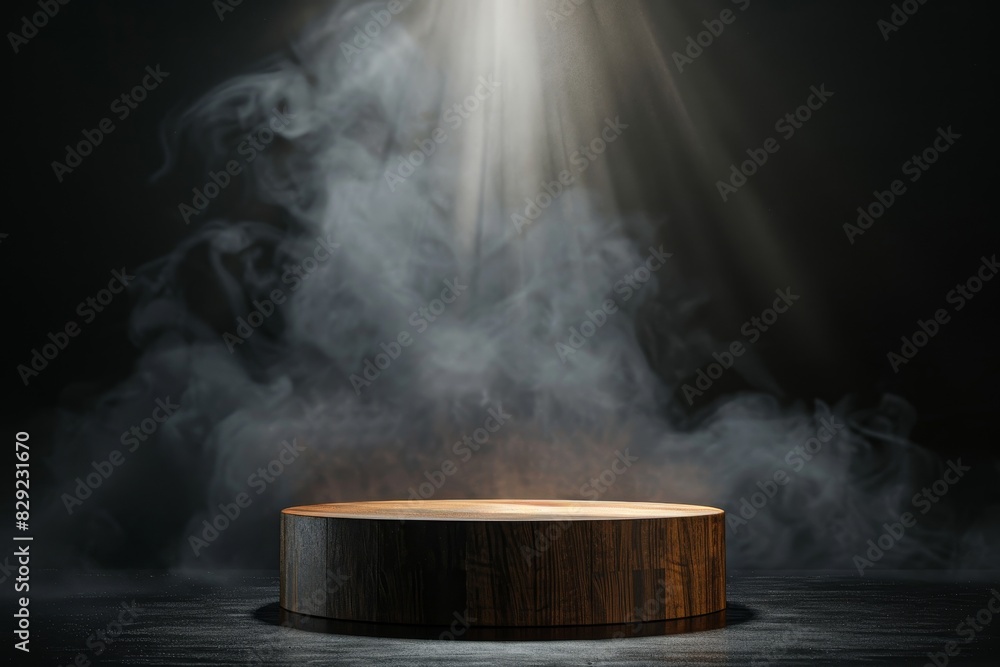 Empty wooden cylinder product display stand with dark abstract backdrop and smoke spotlight illuminated Empty wooden cylinder product display stand with dark abstract backdrop and smoke spotlight illuminated