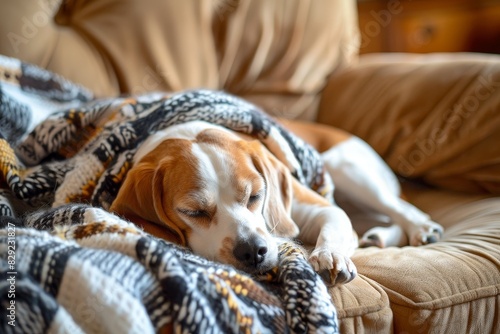 Exhausted beagle rests on comfortable sofa with blanket photo