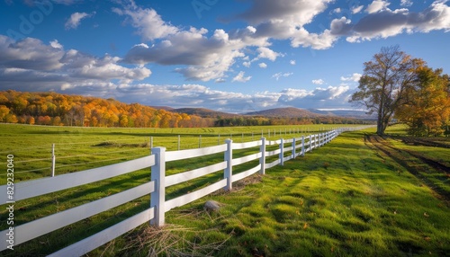 Farm field with white fence in view