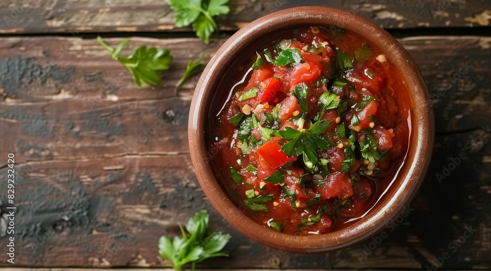 Flat lay view of tomato salsa in a wooden bowl Flat lay view of tomato salsa in a wooden bowl