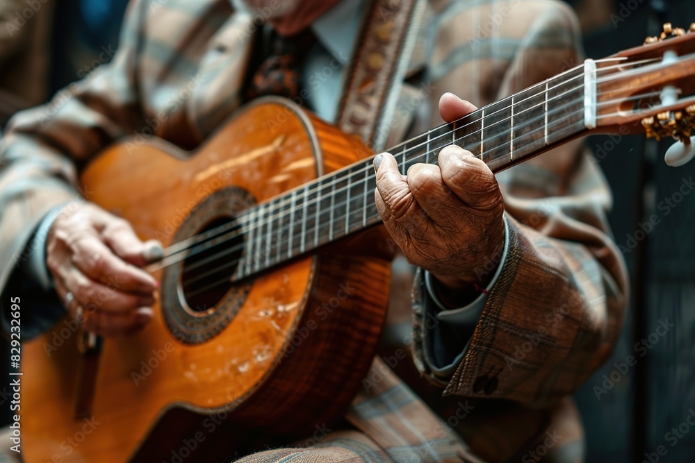 Eldery man in classical suit playing acoustic guitar. Spanish traditional live music performance Eldery man in classical suit playing acoustic guitar. Spanish traditional live music performance