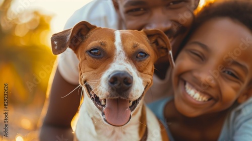 Close-up of a family playing with a pet dog, everyone smiling and happy