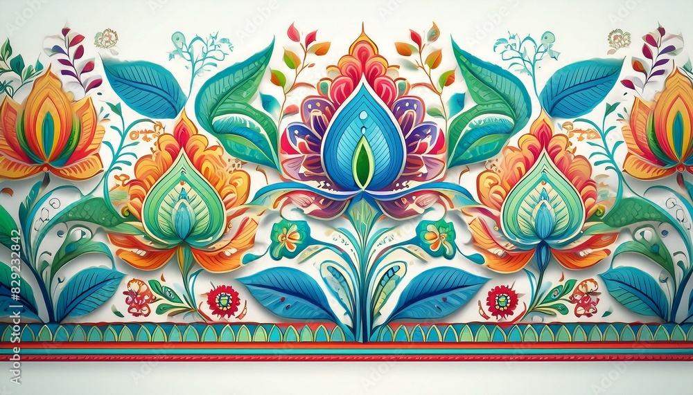 Indian block print and border with blue, green, red on white with a touch of pink and yellow Indian block print and border with blue, green, red on white with a touch of pink and yellow