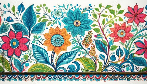 Indian block print and border with blue, green, red on white with a touch of pink and yellow