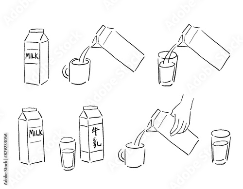 牛乳を注ぐ手描きの線画イラスト