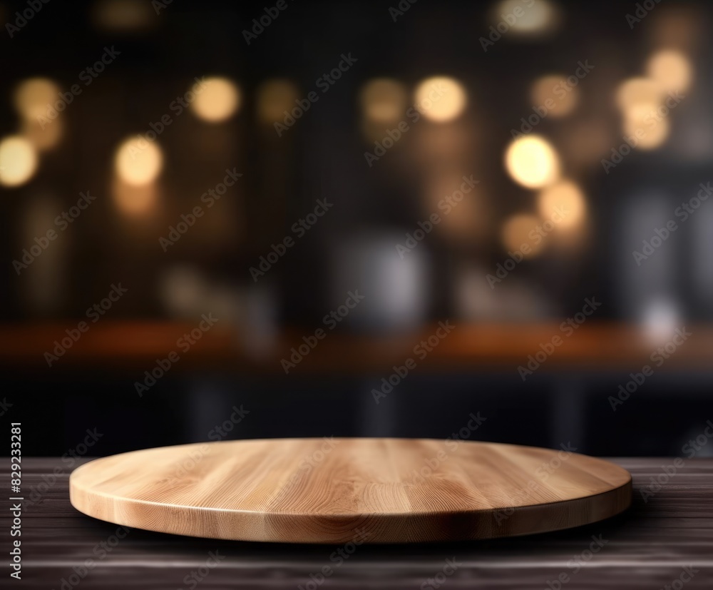 Circular Wooden Blank Board In Restaurant Coffee For Product Placement Circular Wooden Blank Board In Restaurant Coffee For Product Placement
