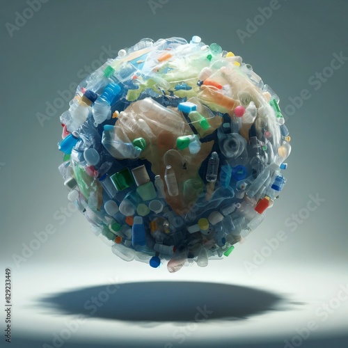 Globe made from plastic waste floating in air photo