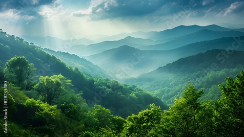 Scenic mountain landscape with lush green forests  sky and clound