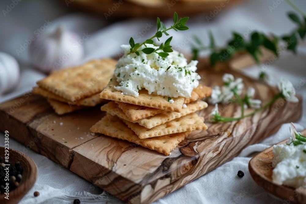 Focused on crackers with cream cheese on a wooden board Focused on crackers with cream cheese on a wooden board