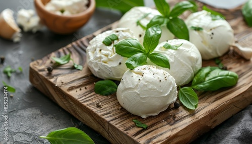 Fresh Italian cheese with basil leaves from Puglia white balls made from mozzarella and cream on a wooden board photo