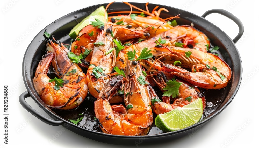 Fresh spicy prawns shrimps cooked with lime and oregano served in a pan isolated on white Fresh spicy prawns shrimps cooked with lime and oregano served in a pan isolated on white