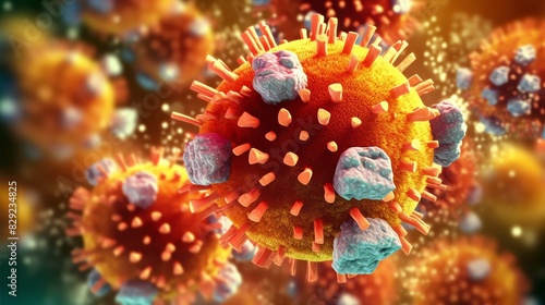 3D render of a medical with virus cells bacteria. Multiple realistic coronavirus particles floating