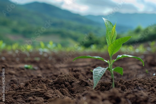 Fresh seedling sprouting in the plantation field photo