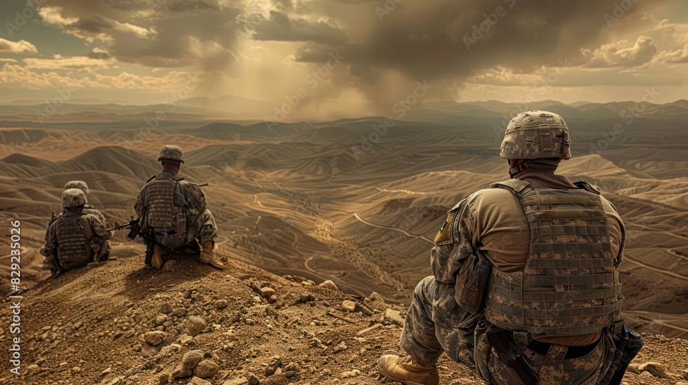 Several soldiers are seen from behind sitting on a rocky desert hill watching the sunset in a war zone. Several soldiers are seen from behind sitting on a rocky desert hill watching the sunset in a war zone.