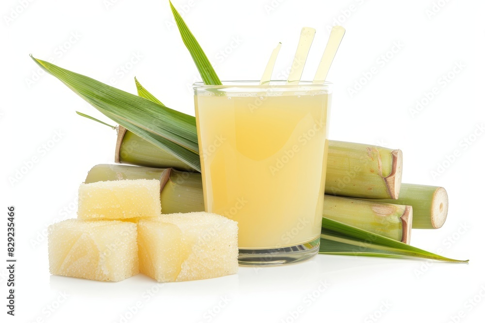Freshly squeezed sugar cane juice and slices with leaves on white background Freshly squeezed sugar cane juice and slices with leaves on white background