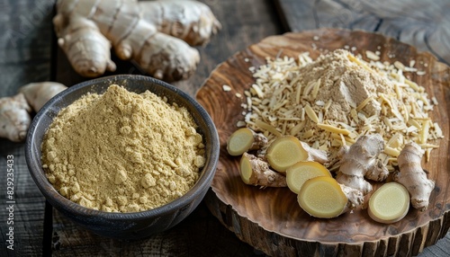 Freshly ground ginger powder is healthy and found in a bowl with raw and dried ginger placed on a wooden board photo