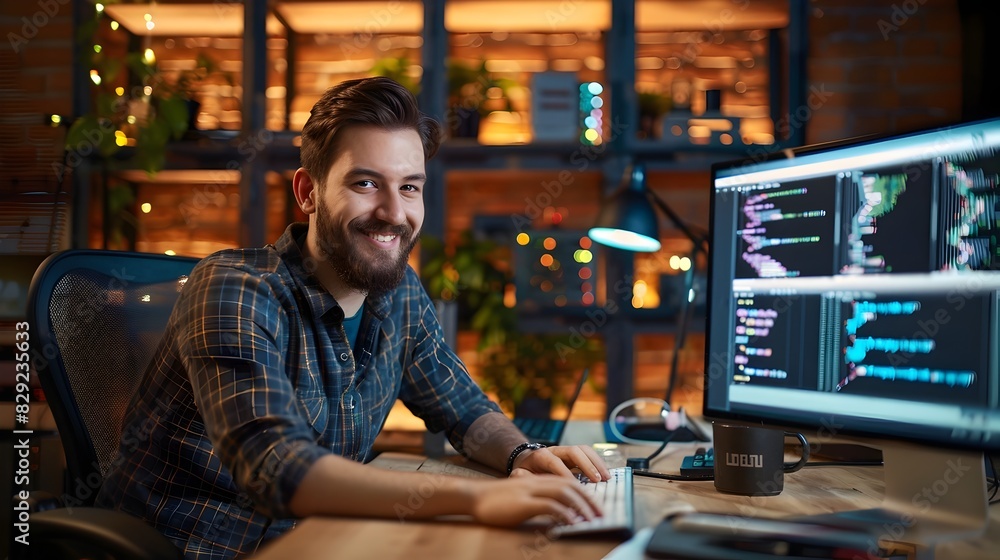 Cheerful Computer Programmer Diligently Coding at Desk in Cozy Workspace Cheerful Computer Programmer Diligently Coding at Desk in Cozy Workspace