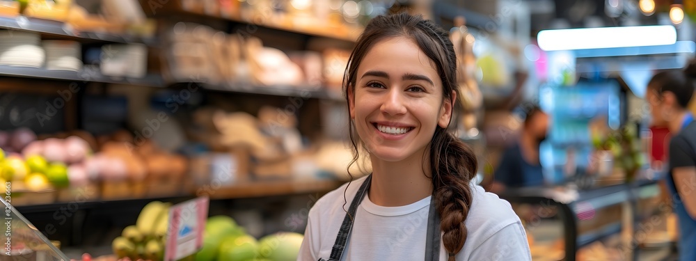 Cheerful Retail Employee Assisting Customers in a Grocery Store Cheerful Retail Employee Assisting Customers in a Grocery Store