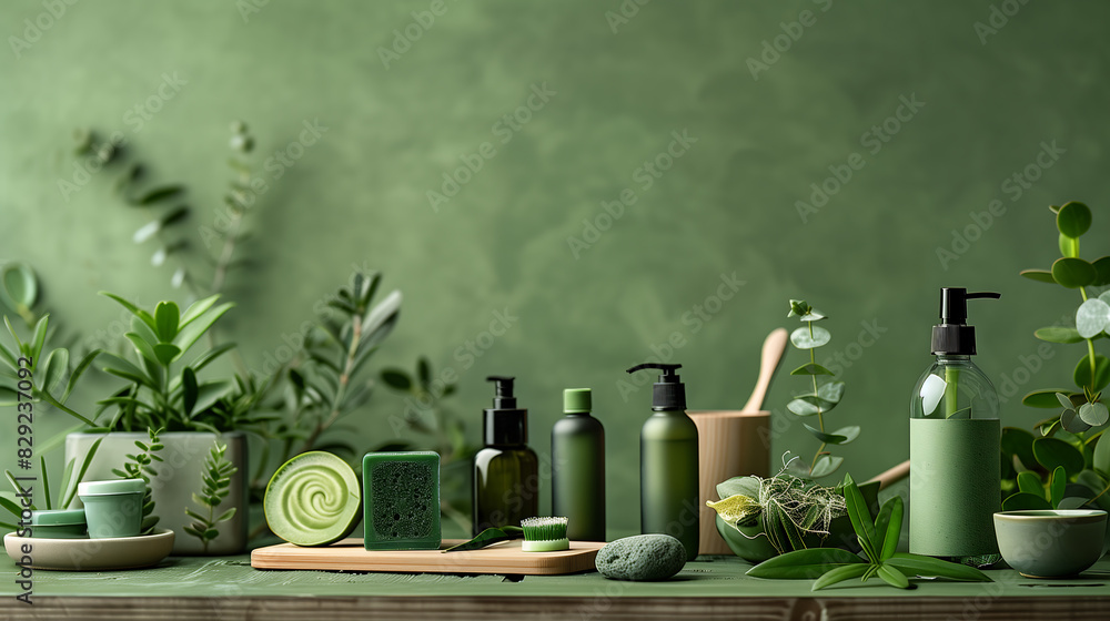 green background with natural beauty products and plants, symbolizing ...