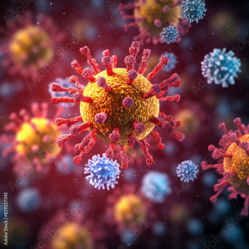 3D render of a medical with virus cells bacteria. Multiple realistic coronavirus particles floating