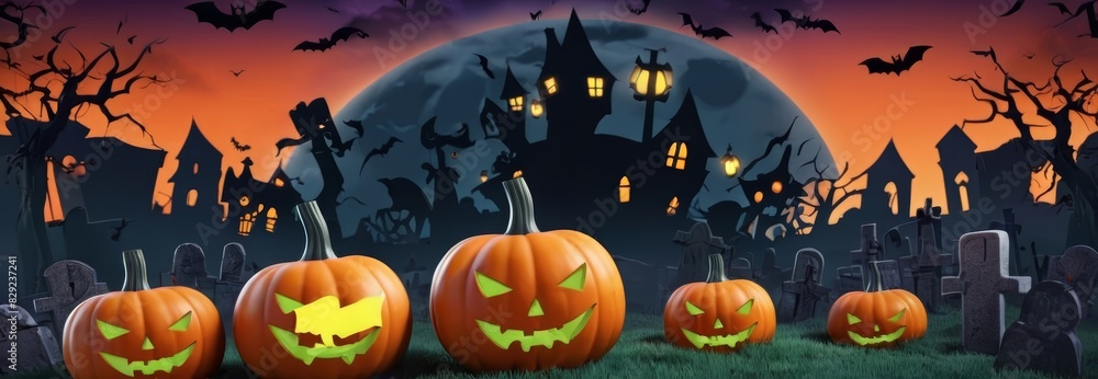 Glowing Pumpkins on Halloween Night. Halloween background for posters, banners and social media post greetings.