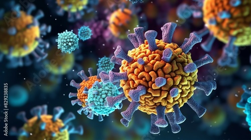 3D render of a medical with virus cells bacteria. Multiple realistic coronavirus particles floating © KaitoDesign