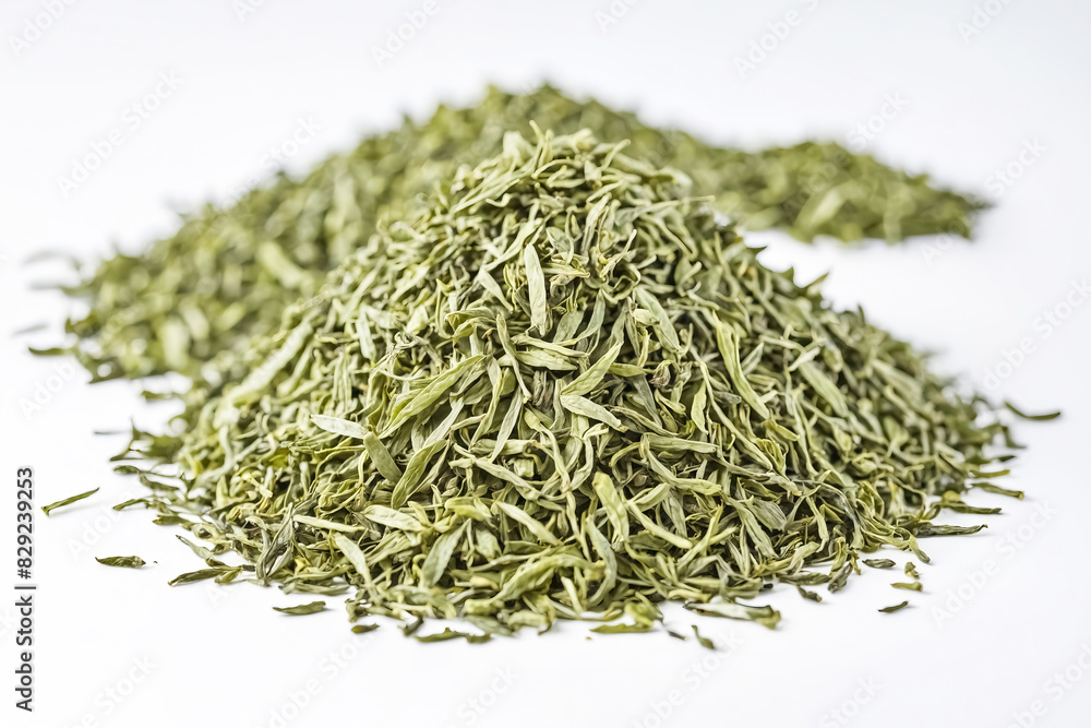 Dried Green Tea Leaves on White Background Dried Green Tea Leaves on White Background