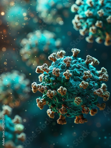 3D render of a medical with virus cells bacteria. Multiple realistic coronavirus particles floating