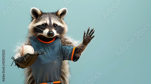 Raccoon in Sports Clothes Playing Baseball on Azure Background photo
