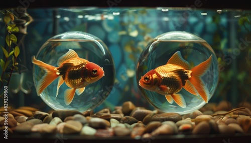Goldfishes gaze at each other in separate bowls
