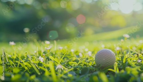 Golf ball on tee grass with beautiful scenic backdrop representing a precision based international sport focused on health and relaxation