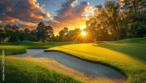 Golf course at sunset with stunning sky sand trap Panoramic view of fairway with bunker pines photo