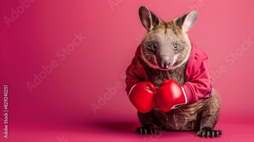 Cute Wombat in Sports Clothes Playing Boxing on Pink Background photo