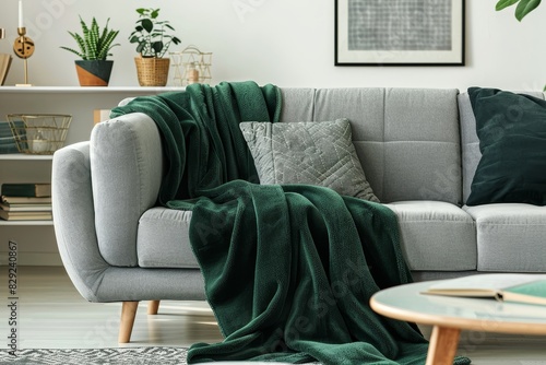 Green blanket on grey sofa in bright room with empty poster and chair photo