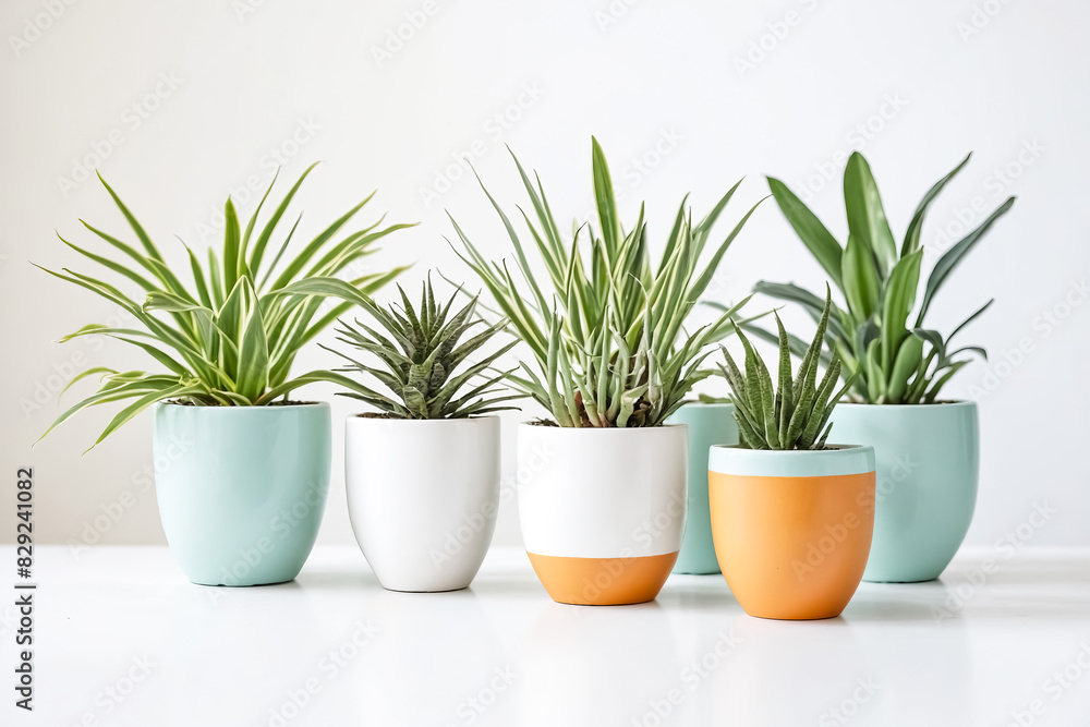 Five potted plants on a white background Five potted plants on a white background