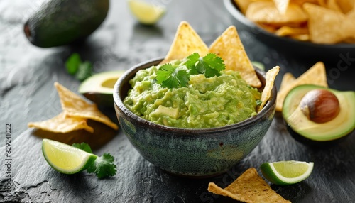 Green guacamole with avocado and nachos on a stone background