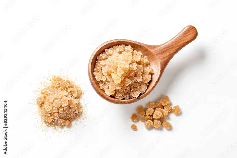 Raw Sugar Crystals In Wooden Spoon On White Background Raw Sugar Crystals In Wooden Spoon On White Background