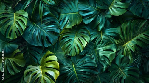 Lush tropical green leaves, beautifully arranged, creating a dense and vibrant natural background perfect for nature-themed projects.