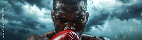 Focused boxer in red gloves, preparing for a match against dramatic stormy sky background. Intense and powerful sports moment captured. photo